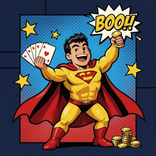 Comic Mascot Max mit Spielkarten und Euro-M&uuml;nzen bei Total Casino Zahlungsmethoden