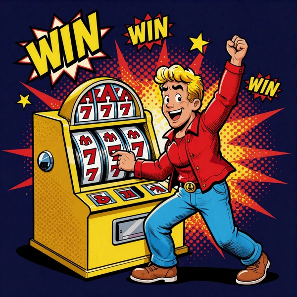 Comic Mascot Max an der Spielautomaten Walze gewinnt dreifach Sieben bei Total Casino Slots